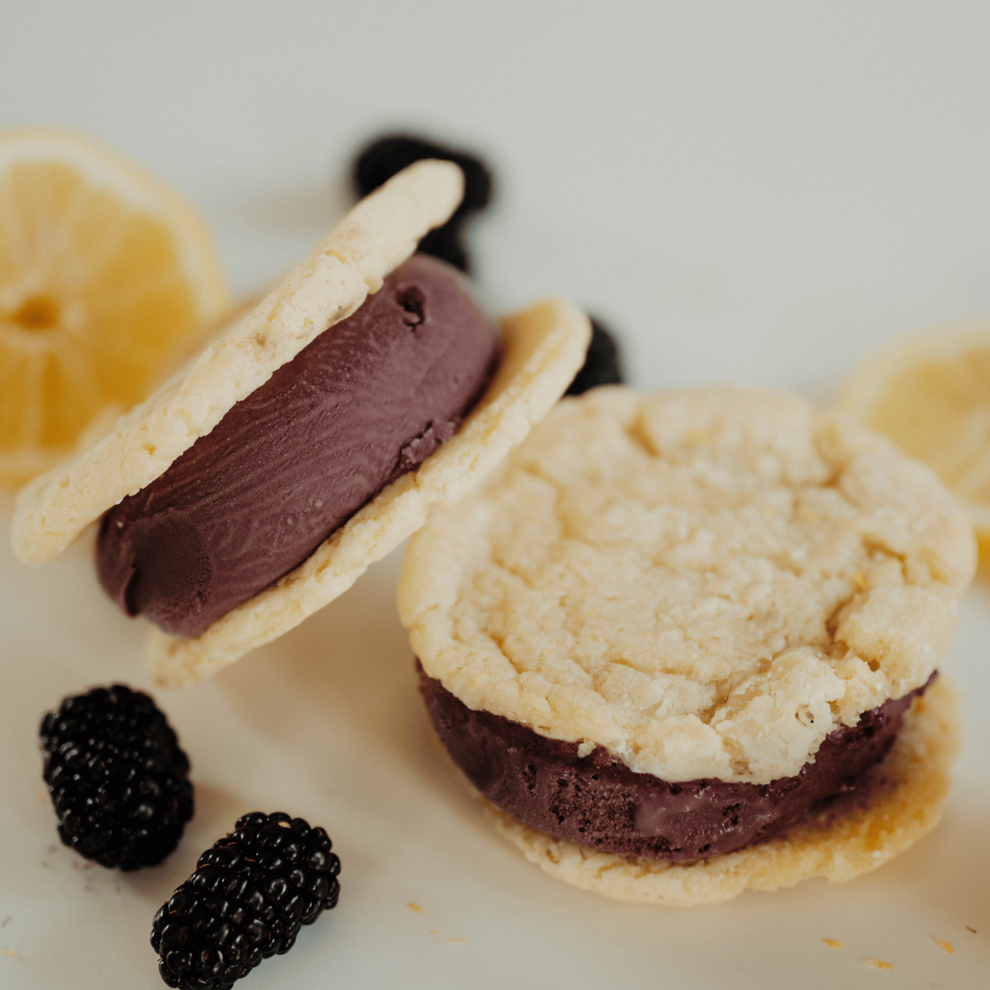 lemon crinkle cookies with black raspberry ice cream